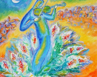 Shabbat Shalom Stretched Jewish Home Wall Decor Chagall style Canvas Print  Jerusalem Israel Judaica Modern Jewish Art by Leon Zernitsky