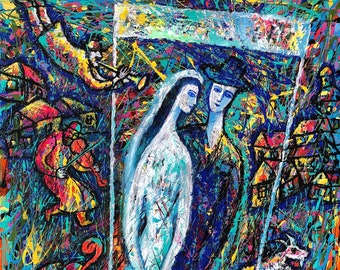 Stretched Canvas Print King David Psalms, Jewish Home Wall Decor Chagall style Wedding Modern Art Ready to Hang by Leon Zernitsky