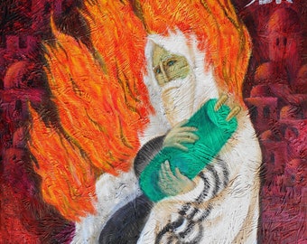 Original Art Decorative Abstract Painting Jewish  Burning Bush Modern Art Ready to Hang by Leon Zernitsky