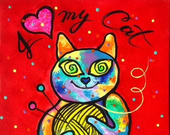 Cute Smart CAT, present for Cats lover, Baby Nursery art, Animal Canvas Print, Colourful Abstract Wall Art , Wall decor, Acrylic Painting