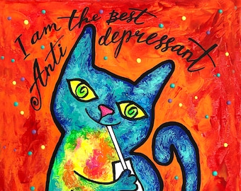 Cute Smart CAT, present for Cats lover, Cats - best, Antidepressant, Animal Print, Colourful Abstract  Art , Wall decor, Acrylic Painting