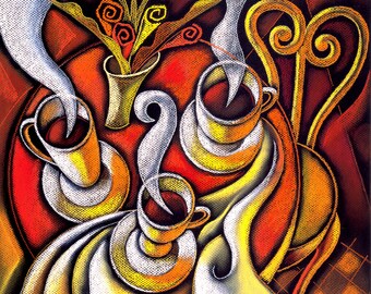 Large Home Wall Decorative Stretched Canvas Print Contemporary Modern Art  Breakfast Table and Coffee by Leon Zernitsky best Gift