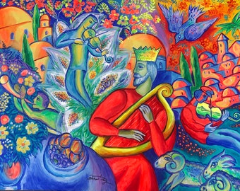 Stretched Canvas Print King David Music of Jerusalem Jewish Home Wall Decor Chagall style Shabbat Modern Art Ready to Hang by Leon Zernitsky