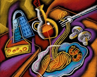 Large Home Wall Decorative Stretched Canvas Print Contemporary Modern Art Dinner With Italian Pasta by Leon Zernitsky. best Gift