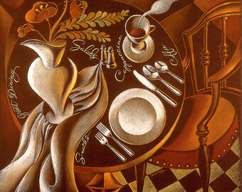 Large Home Wall Decorative Stretched Canvas Print  Modern Art Dinner Table Flowers and Coffee by Leon Zernitsky best Gift