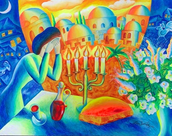 Judaica  Stretched Canvas Print Abstract Jewish Home Wall Decor Chagall style Shabbat Modern Art Ready to Hang by Leon Zernitsky