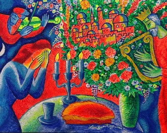 Klezmer Stretched Canvas Print Abstract King David Jewish Home Wall Decor Chagall style Shabbat Modern Art Ready to Hang by Leon Zernitsky