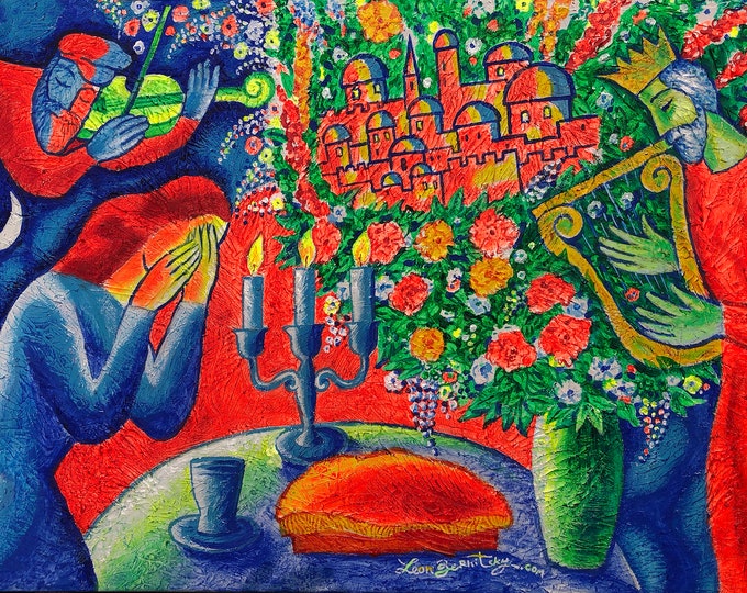 Featured listing image: Klezmer Stretched Canvas Print Abstract King David Jewish Home Wall Decor Chagall style Shabbat Modern Art Ready to Hang by Leon Zernitsky