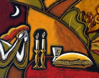 Shabbat Shalom Stretched Jewish Home Wall Decor Canvas Print Abstract Jerusalem Israel Judaica Modern Jewish Art by Leon Zernitsky