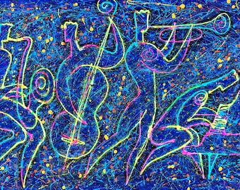 Large Wall Home Decor Jazz Music Canvas Stretched Jackson Pollock style  Print Living room Modern Art by Leon Zernitsky