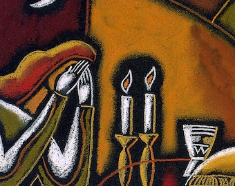 Shabbat Shalom Stretched Jewish Home Wall Decor Canvas Print Abstract Jerusalem Israel Portrait size Modern Jewish Art by Leon Zernitsky