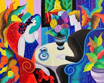 Home Wall Decor Romantic Date Stretched Acrylic on Canvas Original Painting Contemporary Decorative Modern Art Love  by Leon Zernitsky.