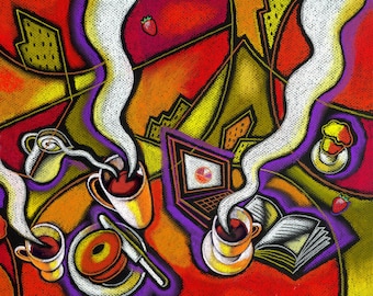 Large Wall Home Decor Canvas Art Stretched & Ready-to-Hang Print Morning Coffee and Internet Leon Zernitsky best Gift