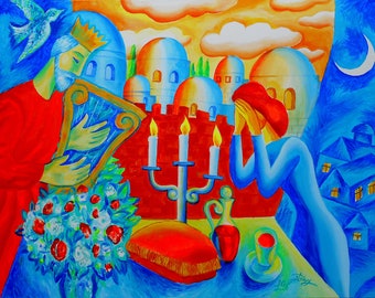 Original Art Decorative Abstract Painting Jewish  King David Psalms, #92 Song of the Shabbat Modern Art Ready to Hang by Leon Zernitsky