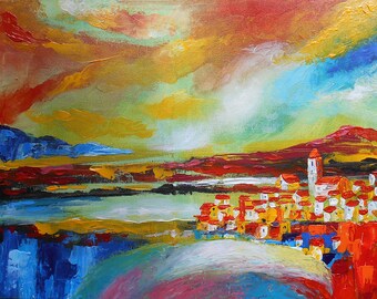 Large Home Wall Decor, Old MEDIEVAL Town Canvas Print , Landscape Modern Painting, Canvas Print stretched on a wooden frame, ready to hang