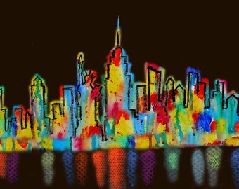 New York USA Skyline, Large Custom Made 60"x30" Wall Cityscape Stretched Canvas Print, Abstract Modern Art, Ready to Hang by Leon Zernitsky
