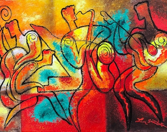 Original Art Stretched Chagall Style Canvas Art Contemporary Decorative Jazz Klezmer Music Modern Abstract Home Wall Decor by Leon Zernitsky