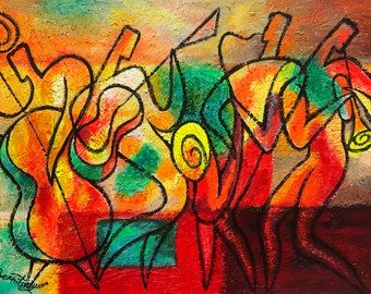 Original Art Stretched Chagall Style Canvas Art Contemporary Decorative Jazz Klezmer Music Modern Abstract Home Wall Decor by Leon Zernitsky