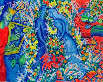 Klezmer Stretched Canvas Print Abstract King David Jewish Home Wall Decor Chagall style Wedding Modern Art Ready to Hang by Leon Zernitsky